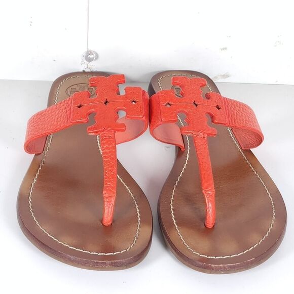 Tory Burch Women's Moore US 7M Corral Leather Slip On Flat Thong Sandals Shoes - Picture 5 of 16